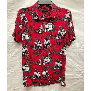 Brave Soul London Mens Red Skull Snake Rose Graphic Short Sleeve Button Down M